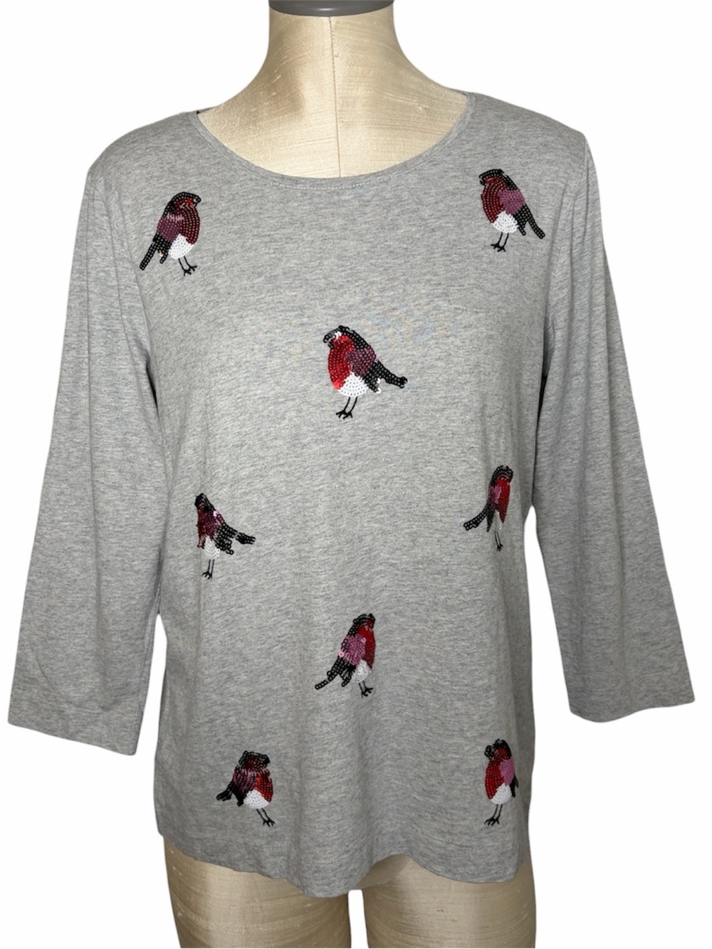 Talbots Grey Crewneck 3/4 Sleeve Red Sequin Birds Novelty Cotton Top Small